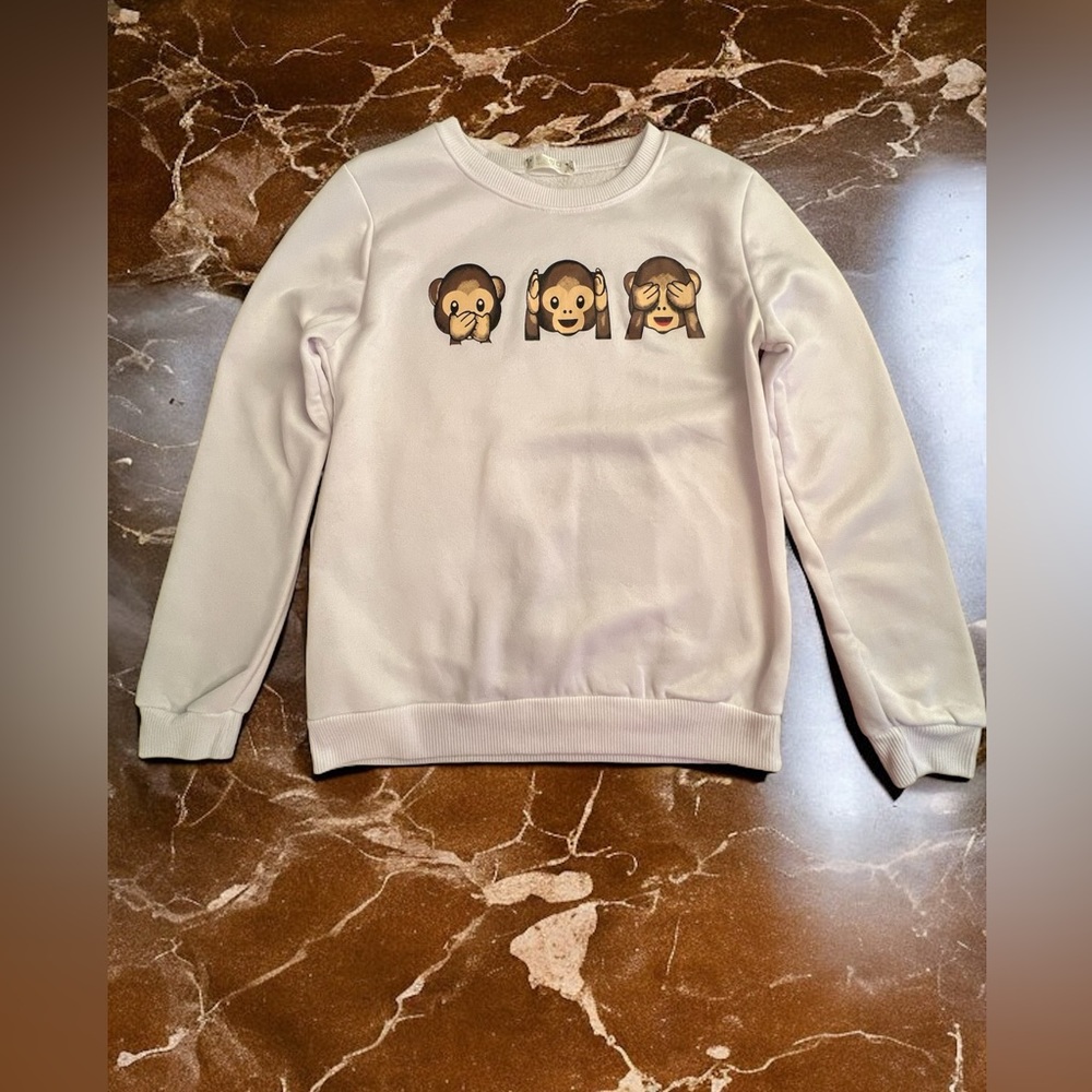 Junior’s, 3 Wise Monkeys, Sweatshirt, White, Size XL